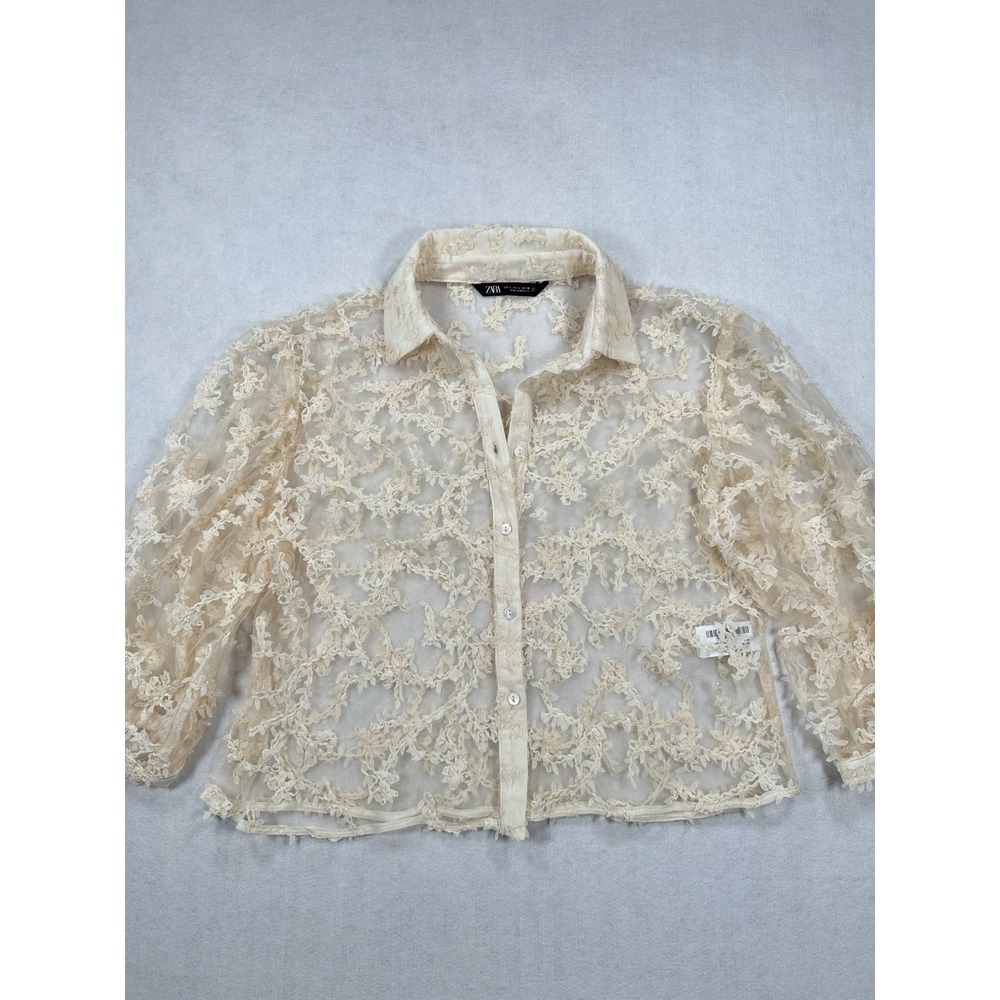 ZARA Cream Sheer Floral Lace Embroidered Cropped Balloon Sleeve Blouse Women's L - Picture 2 of 11